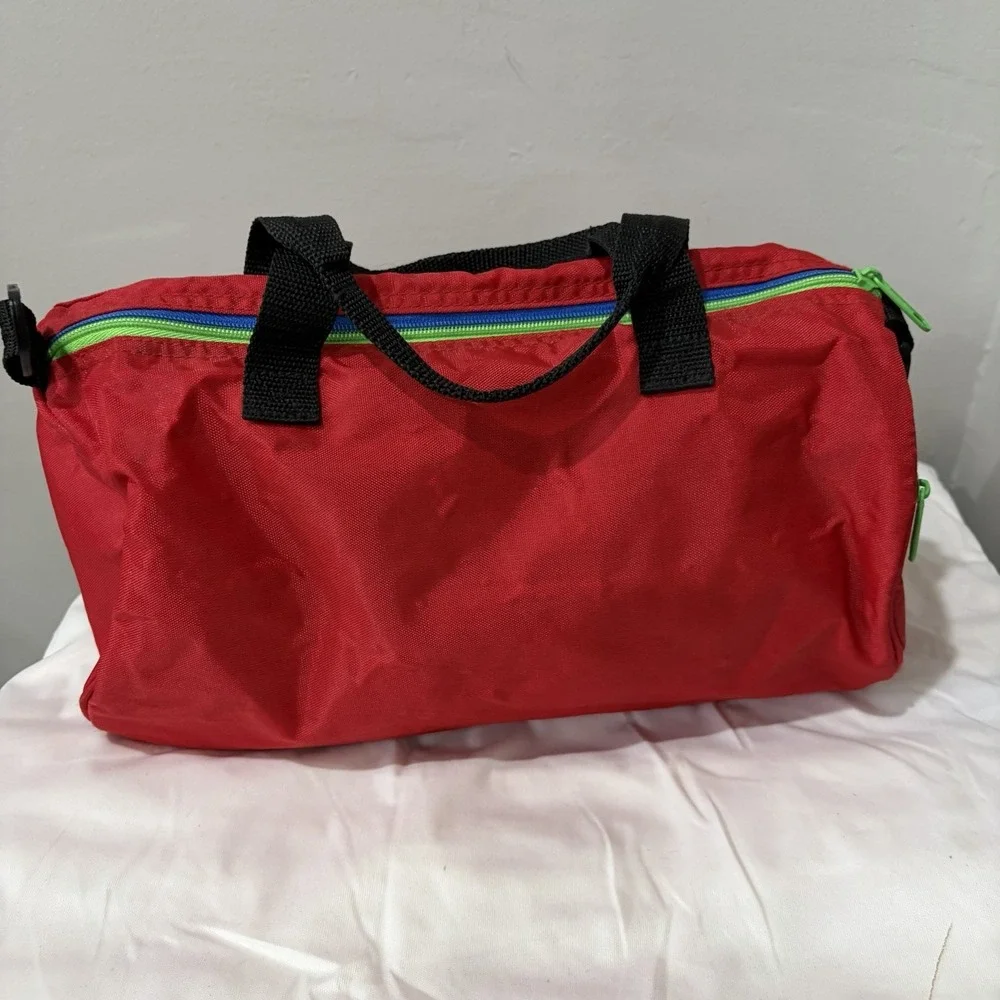 Vintage Land's End Red duffle bag small Vinyl 90s Green Blue Zipper 12